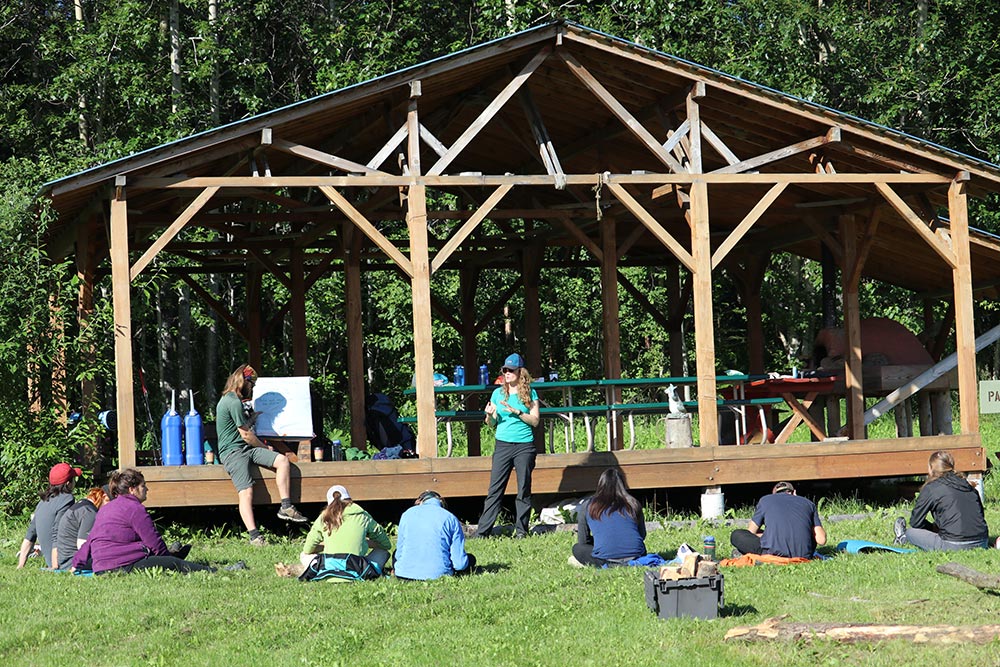group watching a presentation outdoors